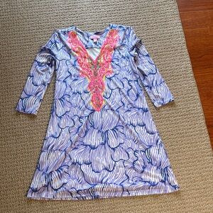 Lilly Pulitzer Blue Floral Tunic Dress with Pink Embroidered V-Neck